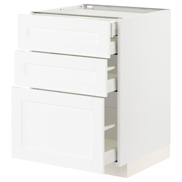 A white METOD kitchen cabinet set with multiple drawers. The design is sleek and modern, with a wooden texture and smooth, self-closing drawers.
