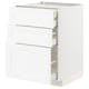 A white METOD kitchen cabinet set with multiple drawers. The design is sleek and modern, with a wooden texture and smooth, self-closing drawers.