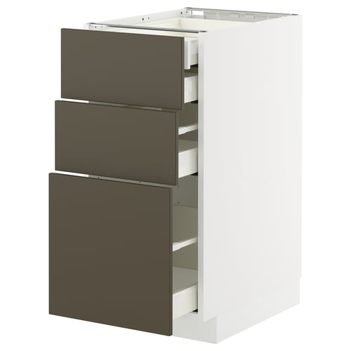 Modern, white METOD kitchen unit with three dark brown drawers, sleek design.