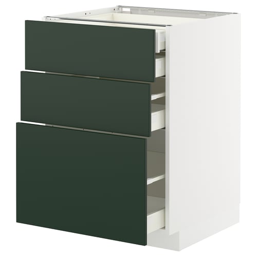 A modern kitchen cabinet with three dark green drawers and a white base. Its part of the METOD kitchen system with sleek, contemporary design.