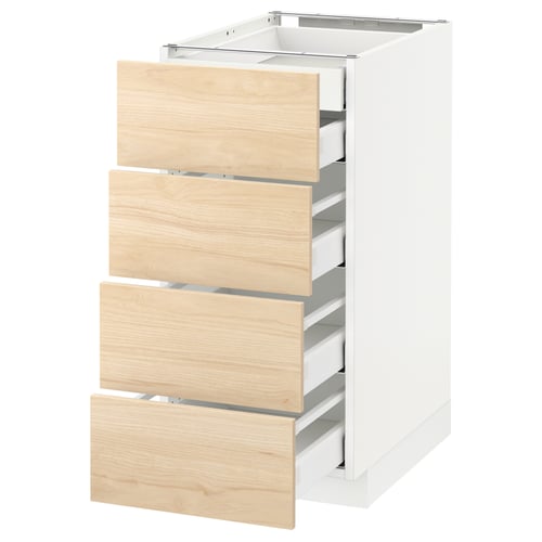 White METOD kitchen cabinet with three light ash wood drawers.