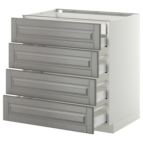 Modern grey kitchen cabinet unit with four drawers in soft grey, featuring stylish bevelled edges and smooth-running drawers.