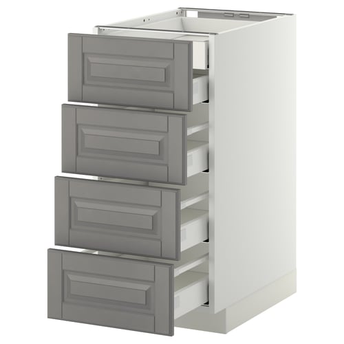 White METOD cabinet with 4 grey bodbyn drawers, bevelled edges, partially open.