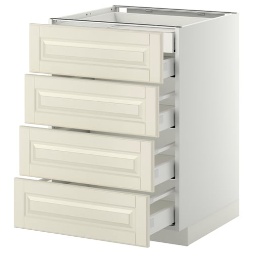 A white METOD kitchen cabinet with four off-white bodbyn drawers featuring bevelled edges.