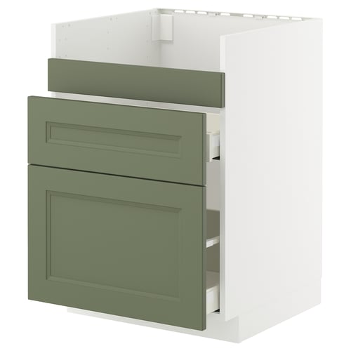METOD kitchen unit with green-gray drawers and white frame.