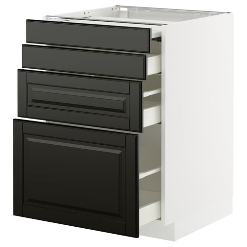 Black and white kitchen cabinet with dark beveled drawers, part of the ikea METOD series.