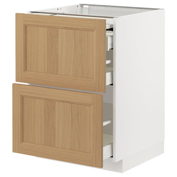 METOD / MAXIMERA Bc w pull-out work surface/3drw, white/Vedhamn oak, 60x60 cm