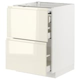 METOD / MAXIMERA Bc w pull-out work surface/3drw, white/Voxtorp high-gloss light beige, 60x60 cm