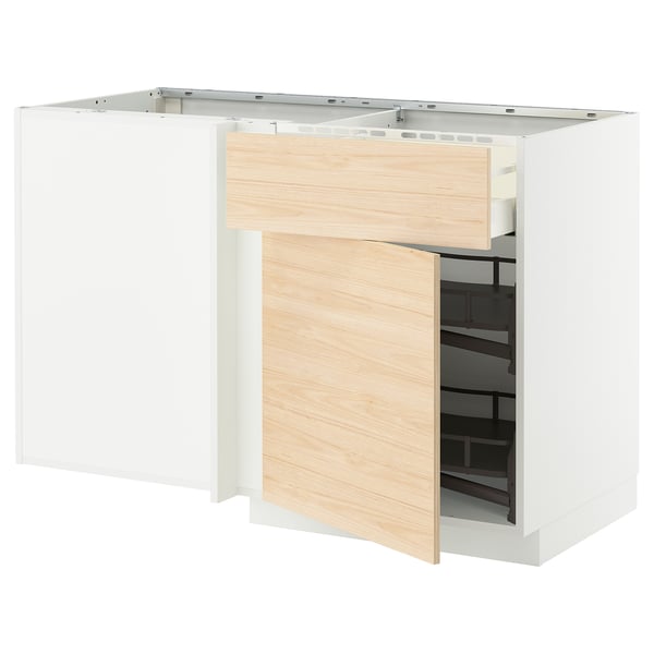 METOD / MAXIMERA Corner base cab w drawer and p-out, white/Askersund light ash effect, 128x68 cm