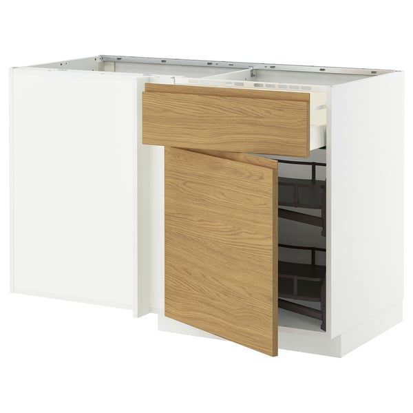 METOD / MAXIMERA Corner base cab w drawer and p-out, white/Voxtorp oak effect, 128x68 cm