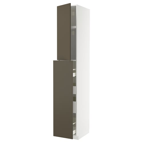 A white and dark brown tall cabinet from the METOD kitchen system, featuring multiple shelves and a sleek design.