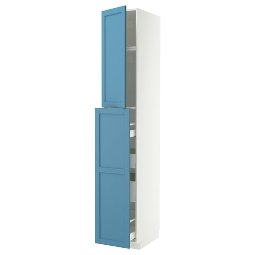 Blue & white storage cabinet with drawers & shelves