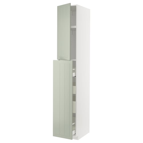 METOD kitchen storage unit with green stensund doors, slim and tall, white frame.