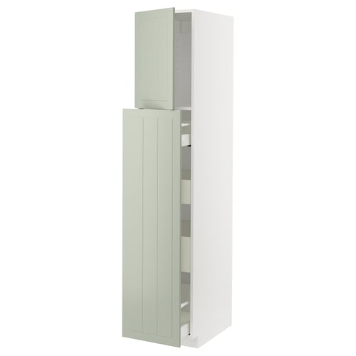 METOD kitchen cabinet in green, tall with open door, soft-close drawer, wooden and steel parts.