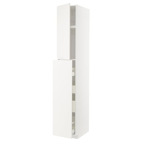 White tall kitchen cabinet from IKEAs METOD system. Sleek design with multiple shelves for storage.