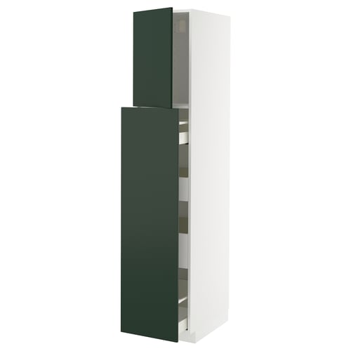 METOD green kitchen cabinet with white frame, tall, two doors.