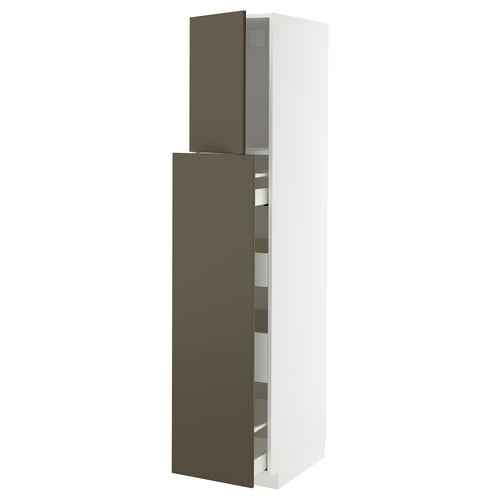 METOD kitchen cabinet, dark brown/beige havstorp fronts, tall white unit, with shelves and drawers.