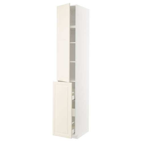White METOD kitchen unit with off-white doors and adjustable shelves.