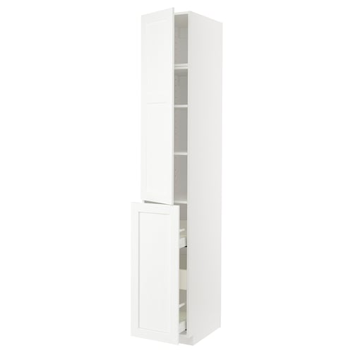 White METOD cabinet with pull-out shelf and drawer, sleek modern design.