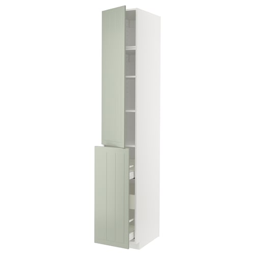 Green METOD kitchen cabinet with open shelves, pull-out drawer, modern design, smooth drawers.