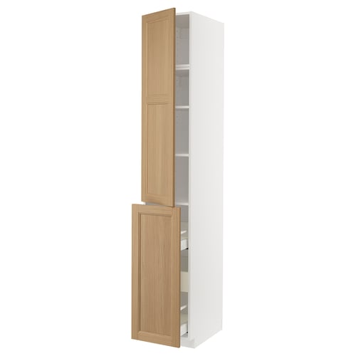 METOD kitchen cabinet, oak and white, tall with open doors, adjustable shelves, and drawers.