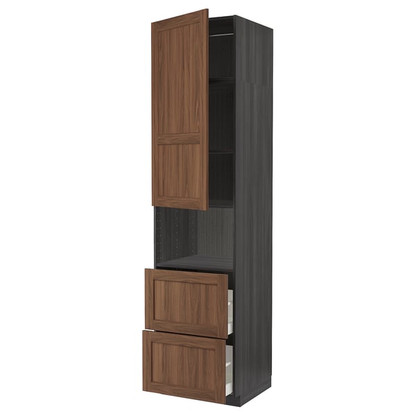 METOD / MAXIMERA Hi cab f micro w door/2 drawers, black Enköping/brown walnut effect, 60x60x240 cm