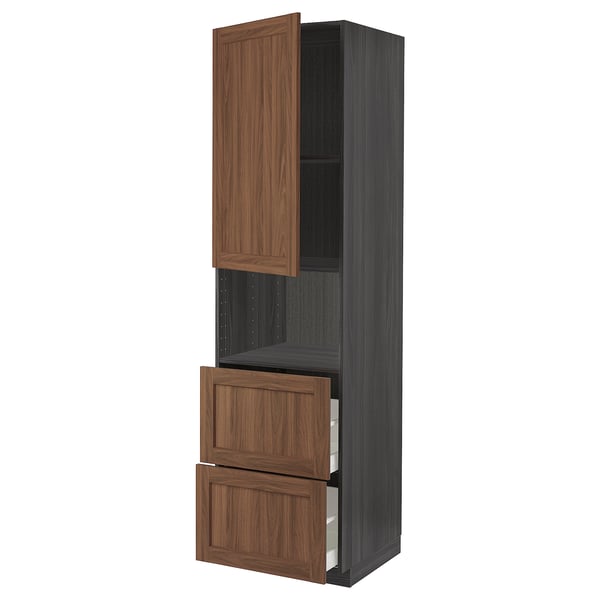 METOD / MAXIMERA Hi cab f micro w door/2 drawers, black Enköping/brown walnut effect, 60x60x220 cm