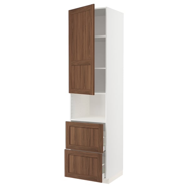 METOD / MAXIMERA Hi cab f micro w door/2 drawers, white Enköping/brown walnut effect, 60x60x240 cm