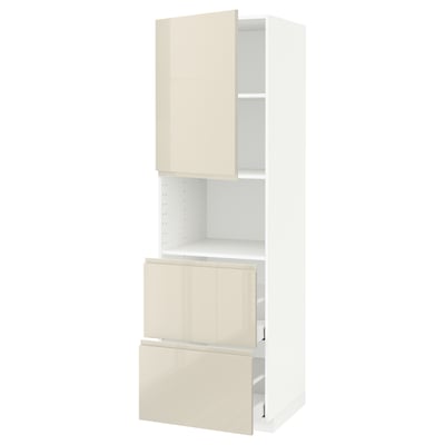METOD / MAXIMERA Hi cab f micro w door/2 drawers, white/Voxtorp high-gloss light beige, 60x60x200 cm