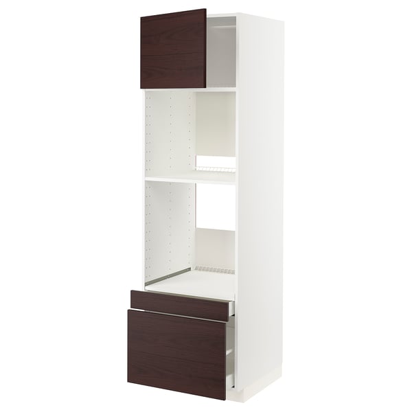 METOD / MAXIMERA Hi cab f ov/combi ov w dr/2 drwrs, white Askersund/dark brown ash effect, 60x60x200 cm