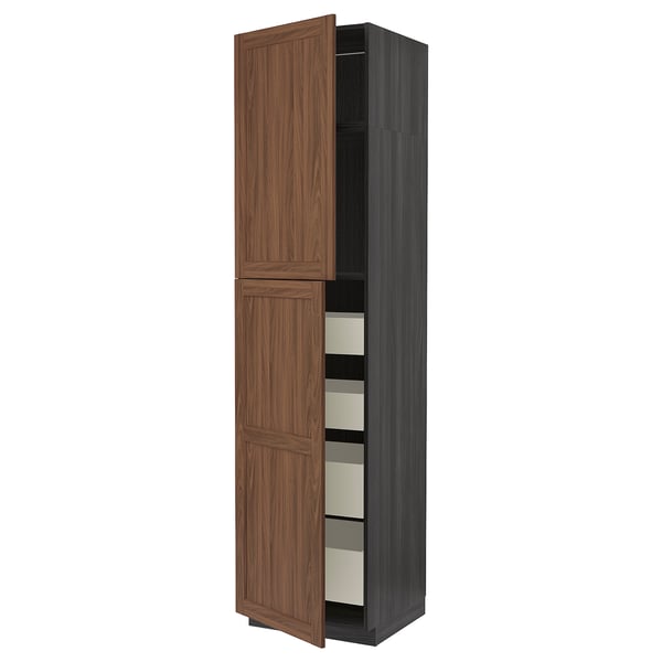 METOD / MAXIMERA Hi cab w 2 doors/4 drawers, black Enköping/brown walnut effect, 60x60x240 cm