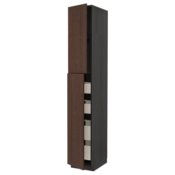 METOD / MAXIMERA Hi cab w 2 doors/4 drawers, black/Sinarp brown, 40x60x240 cm