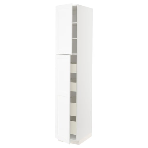 A white METOD tall kitchen cabinet with multiple shelves and a clean, modern design.
