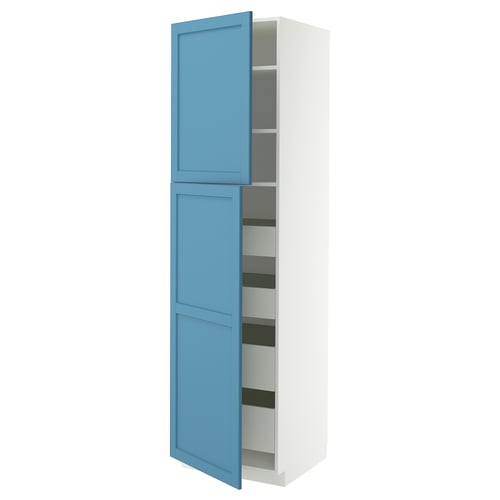 Tall white cabinet with blue doors, open to reveal shelves. Modern kitchen storage.