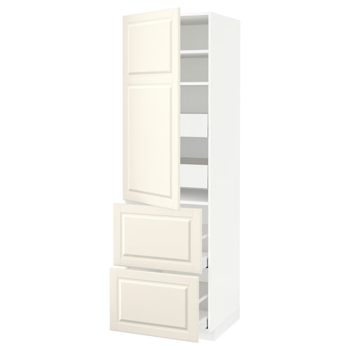 White kitchen cabinet with one open door and two open drawers; bevelled edges.