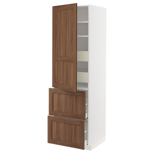 White and wood ikea METOD kitchen cabinet with drawers, featuring walnut foil door panels.