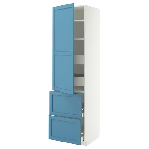A tall, white kitchen cabinet with blue doors and drawers, featuring multiple shelves and drawers for storage.