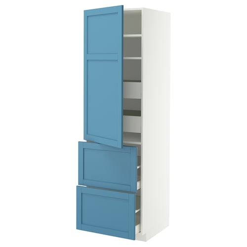 A METOD kitchen cabinet in blue with drawers and shelves. Its tall, rectangular, and has a modern design.