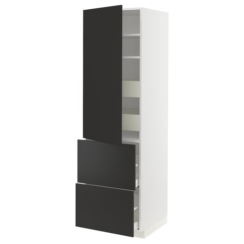 Modern white kitchen unit with black drawers and door, open cabinet, adjustable shelves.