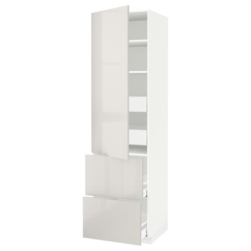White high gloss METOD cabinet with shelves and drawers.