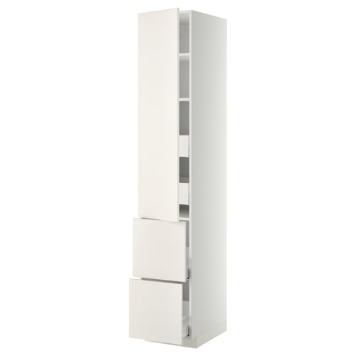 METOD tall white cabinet with drawers and shelves.