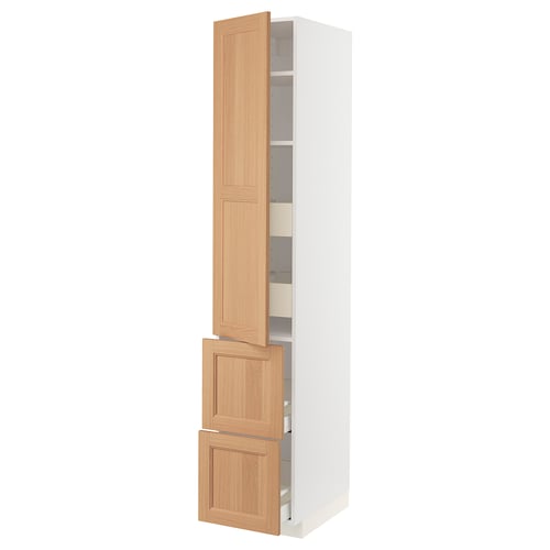 METOD vedhamn oak cabinet, tall, white & wood, open shelves