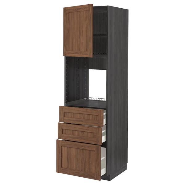 METOD / MAXIMERA High cab f oven w door/3 drawers, black Enköping/brown walnut effect, 60x60x200 cm