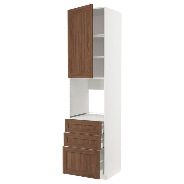 METOD / MAXIMERA High cab f oven w door/3 drawers, white Enköping/brown walnut effect, 60x60x240 cm