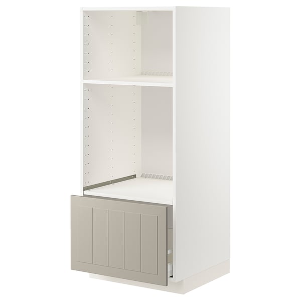 METOD / MAXIMERA High cab for oven/micro w drawer, white/Stensund beige, 60x60x140 cm