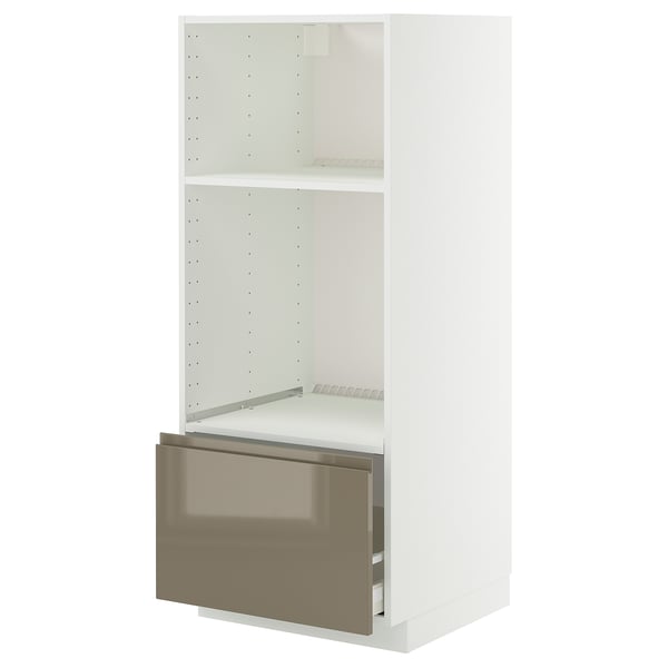 METOD / MAXIMERA High cab for oven/micro w drawer, white/Voxtorp high-gloss dark grey-brown, 60x60x140 cm