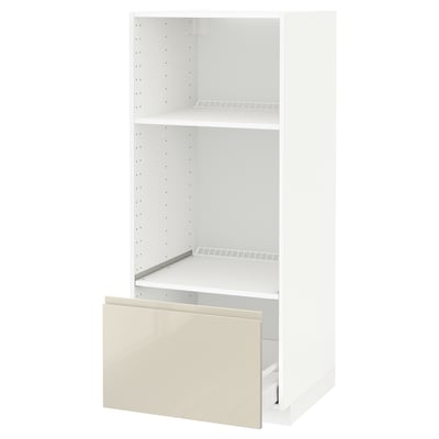 METOD / MAXIMERA High cab for oven/micro w drawer, white/Voxtorp high-gloss light beige, 60x60x140 cm