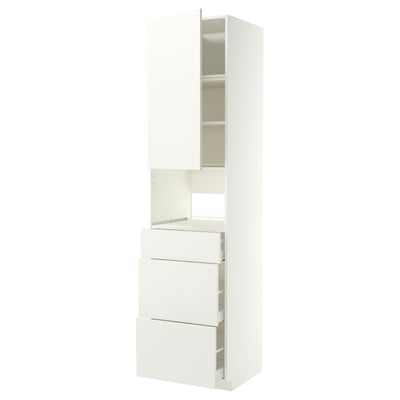 A white METOD kitchen cabinet set with drawers and a tall cabinet.