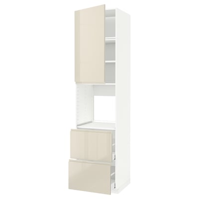METOD / MAXIMERA High cabinet f oven+door/2 drawers, white/Voxtorp high-gloss light beige, 60x60x240 cm