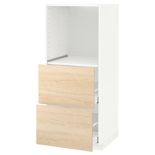 Light wood-topped, white cabinet with open shelves and drawers on left side.